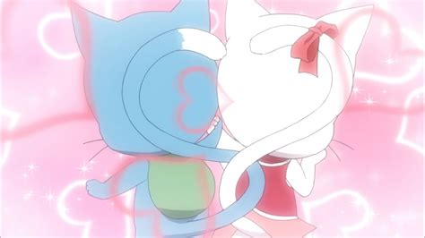two cartoon characters hugging each other in front of a pink and blue background with stars