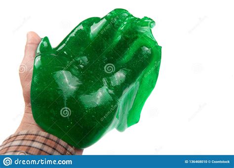Hand Holding A Transparent Green Slime Isolated On White Stock Photo