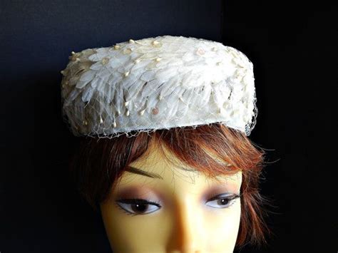 Vintage Pillbox Flower Hat White With Sequins And Netting Union Label