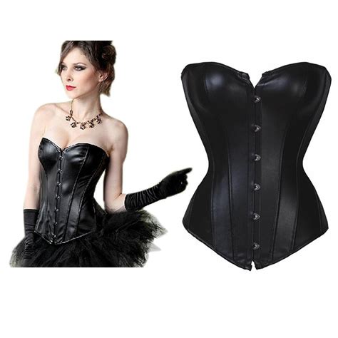Womens Sexy Steampunk Gothic Corset Black Faux Leather Lace Boned
