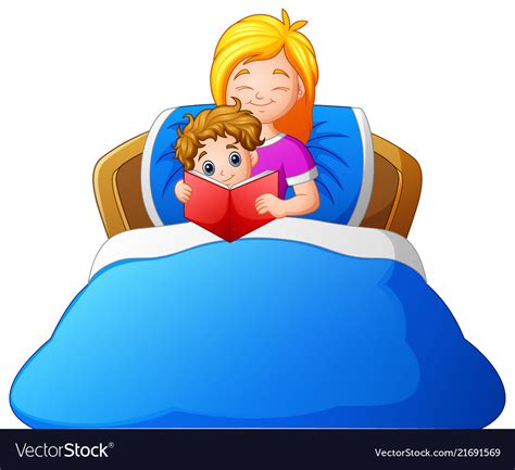 cartoon mother reading bedtime story to son on bed