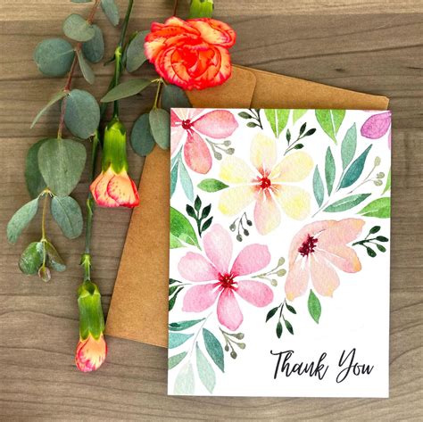 Flower Thank You Notes Calligraphy Cards Watercolor Notecard Etsy