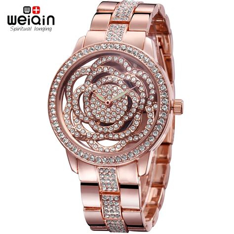 Weiqin Luxury Rose Gold Watch Diamond Full Stainless Steel Woman