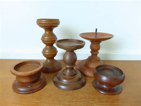 Five Large Turned Wood Candle Holders Pillar Candle Holders Etsy
