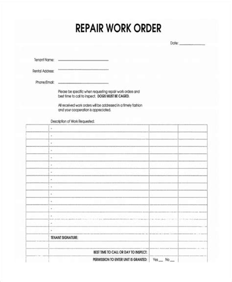 Blank Free Printable Work Order Template