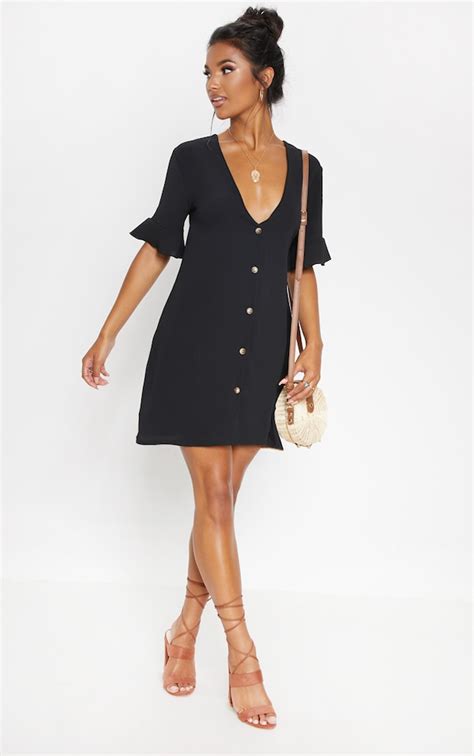 Robe Chemise Oversized Boutonnée Noire Robes Prettylittlething