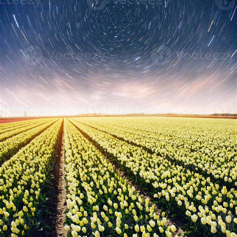Night Over Fields Of Daffodils Fantastic Starry Sky And The Milky Way