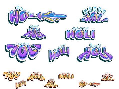 Sticker Style Happy Holi Font In Various Types On White Background