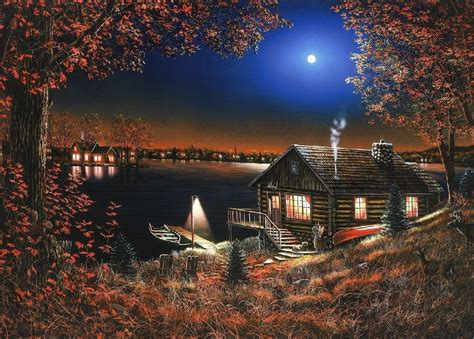 Full Moon Boat Cabin Cottage Forest Full Moon Lake