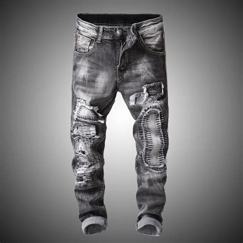 Mens Distressed Ripped Jeans Slim Fit Streetwear Motocycle Denim Pant Men Fashion Patchwork Gray