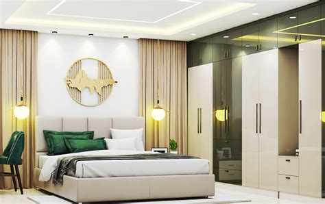 Golden Mid Century Modern Spacious Master Bedroom Design Livspace