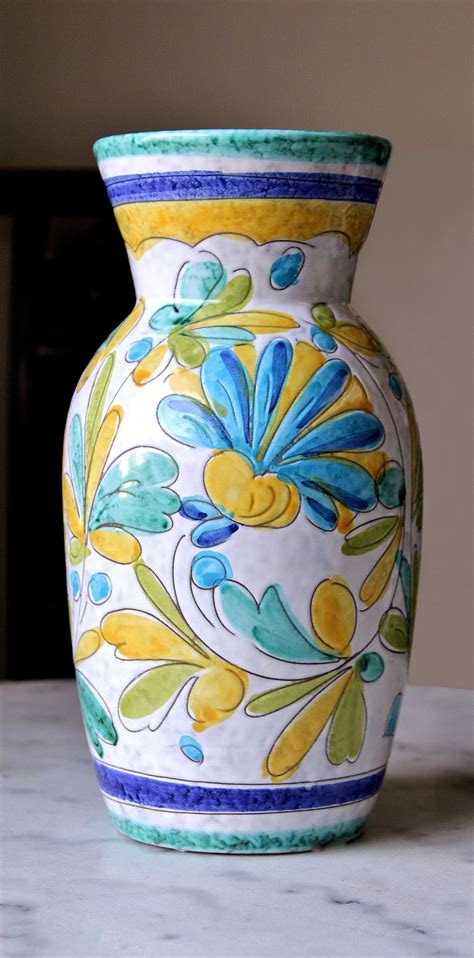 Vintage Italian Art Pottery Vase 1960s Glazed Ceramics With Sgraffito