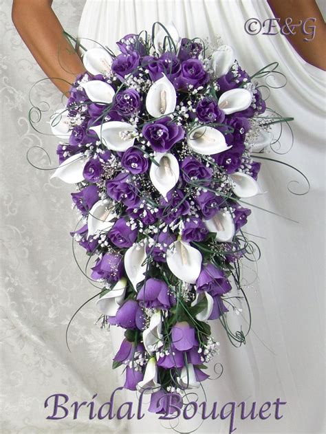 Don't let the more elaborate florals intimidate you. PURPLE CASCADE silk flowers babies breath roses calla ...