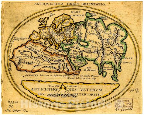 Historic 1905 Map Antiquissima Orbis Delineatio Antique World Map