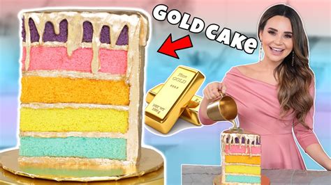 How To Make A Rainbow Golden Drip Cake Nerdy Nummies Youtube