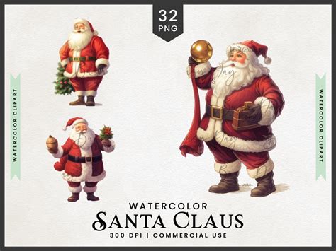 Watercolor Santa Claus Clipart Bundle Sublimation Designs Digital