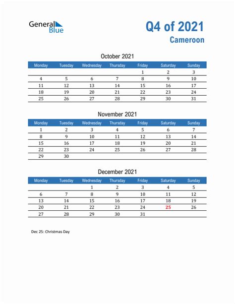 Cameroon 2021 Quarterly Calendar With Monday Start