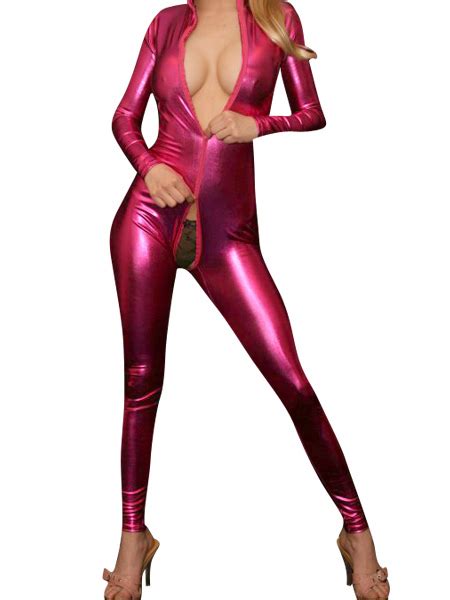 Morph Suit Sexy Rose Red Shiny Metallic Fabric Catsuit With Front