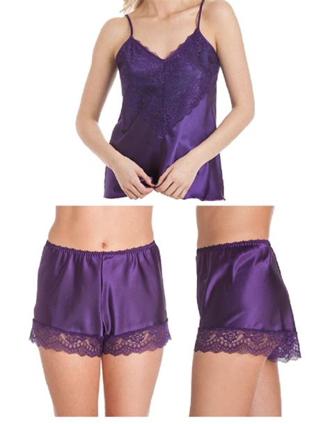 Womens Satin Lingerie Pyjamas Luxury Lace Camisole Cami French Knickers PJs EBay
