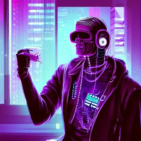 A Cyberpunk Cybernetic Synthwave Android Smoking Weed Stable