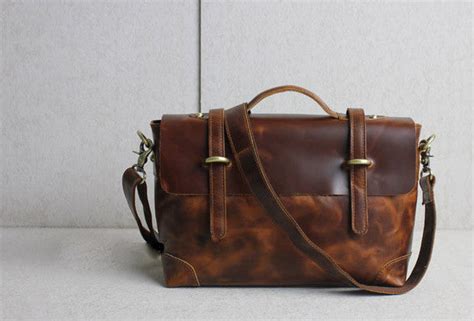 Handmade Leather Men Briefcase Messenger Brown Coffee Shoulder Bag Vin