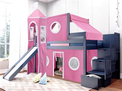 Jackpot Princess Low Loft Stairway Bed With Slide Pink And White Tent