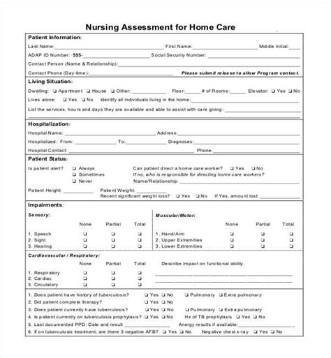 Nursing Assessment Form For Home Care Nursing Assessment Home Care