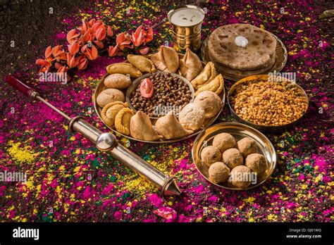 Holi Festival Food With Colours Indian Festival Holi Samosa Kachori