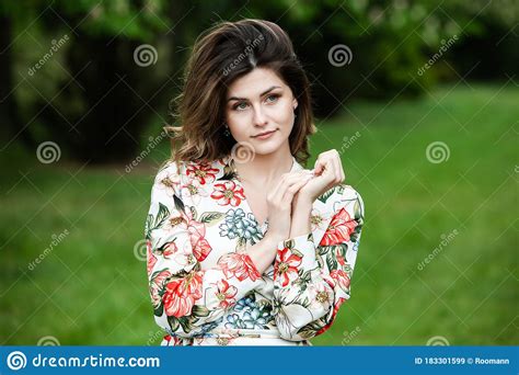 Close Up Portrait Of Young Beautiful Russian Brunette Girl At Summer