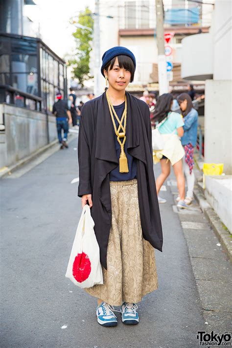 Harajuku Girl In Draped Jacket Tassel Necklace And Japanese Flag Bag