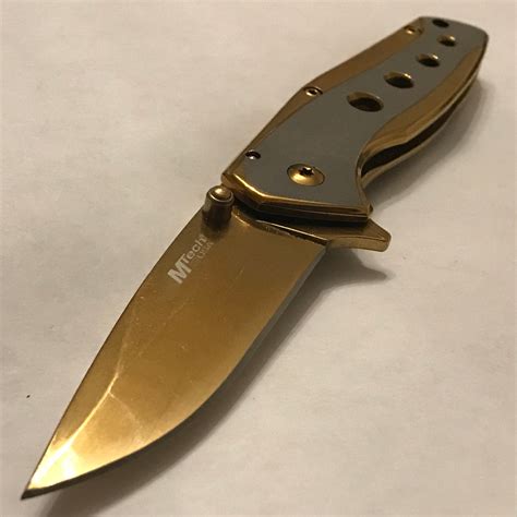 8 Mtech Assisted Open Gold Handle Ballistic Pocket Knife Mta1044gd