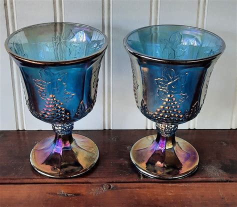 Vintage Iridescent Blue Indiana Carnival Glass Goblets Etsy
