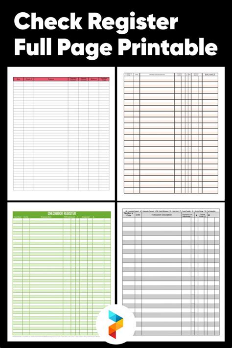 The Full Page Printable Check Register Is Shown In Four Different
