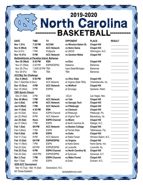 Printable 2019 2020 North Carolina Tarheels Basketball Schedule