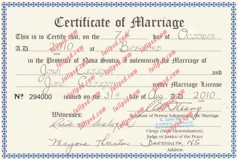 Canada Province Nova Scotia Marriage Certificate Psd Photoshop Template Fullpsd