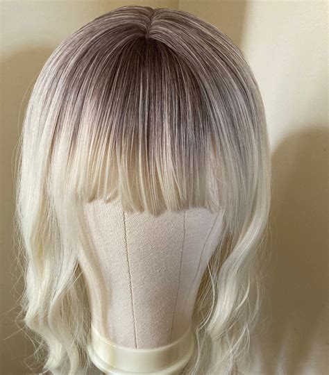 24 Inch Platinum Blonde Dark Roots Bang Wig Etsy