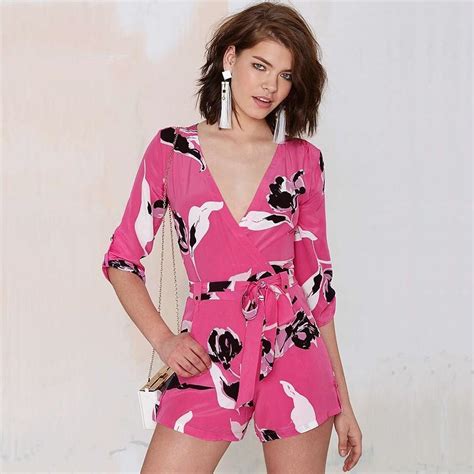 Sexy Deep V Neck Floral Print Waist Tie Belt Three Quarter Sleeve Slim Fit One Piece Shorts