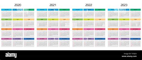 Calendar 2020 2021 2022 2023 Template 12 Months Include Holiday