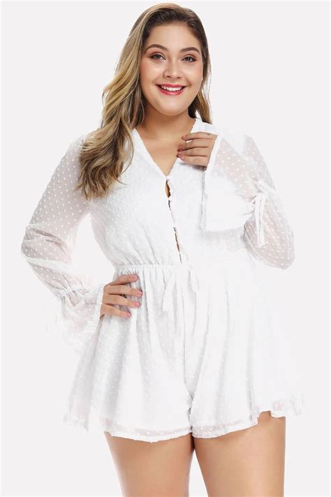 White Drawstring Long Sleeve Button Casual Chiffon Plus Size Romper Plus Size Romper Chiffon