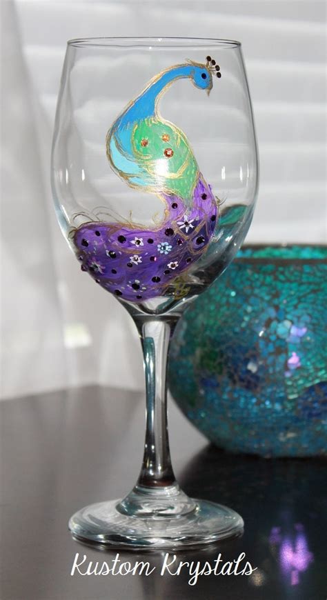 Hand Painted Peacock Wine Glass With Swarovski Crystals