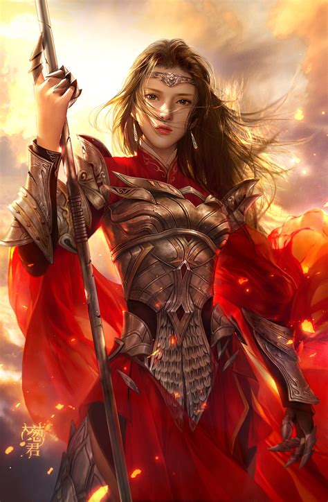 Fantasy Original Girl Woman Character Long Hair Beautiful Red Warrior
