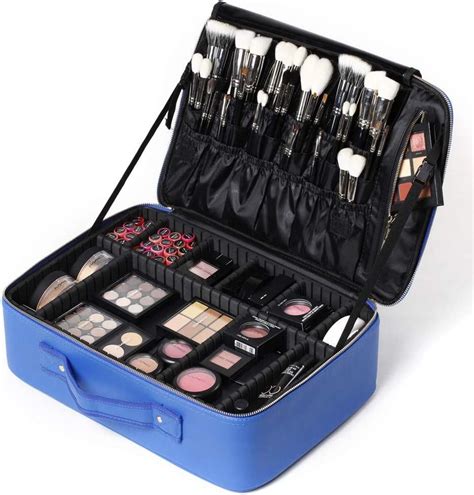 Rownyeon Makeup Bag Pu Leather Case Portable Travel L Blue L