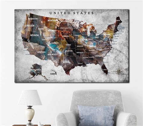 Us Map Us Push Pin Map Us Map Canvas United States Map Art Etsy