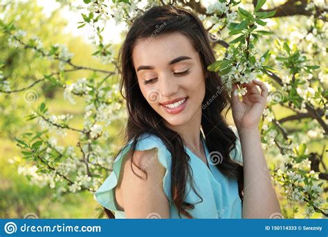 Beautiful Young Woman Near Blossoming Tree On Sunny Spring Day Stock Image Image Of Lifestyle