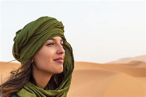 Young Woman A Green Headscalf In The Sahara Desert Morocco By