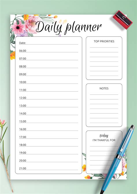 Daily Hourly Planner With Floral Pattern Printable Pdf Template Daily