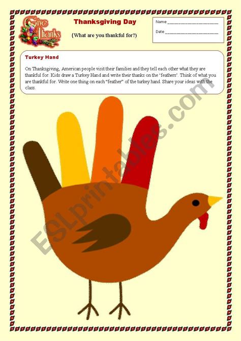 Turkey Hand Thanksgiving Activity Esl Worksheet By Olgaprih
