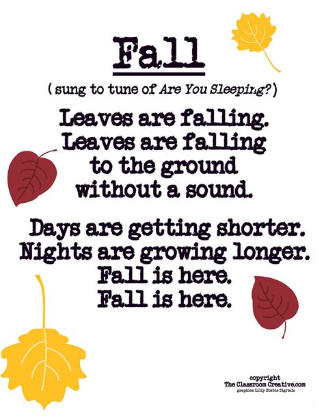 Fall Poemsong For Preschool Kindergarten And First Grade