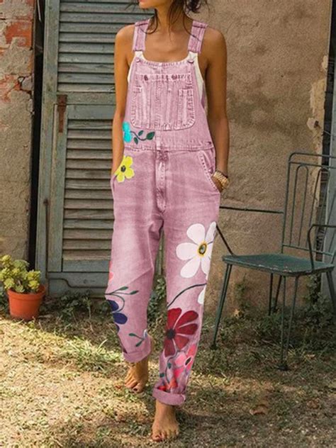 Women Fashion Denim Floral Print Jumpsuits Overalls Noracora