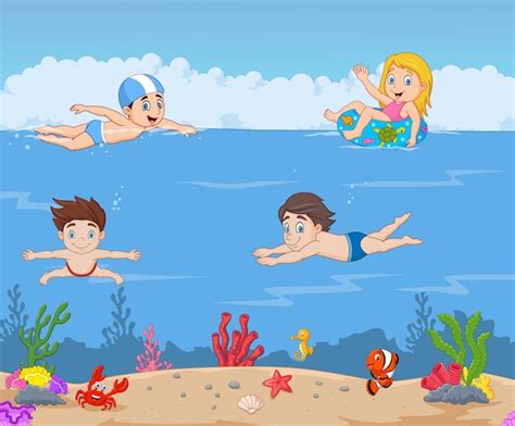 Niños De Dibujos Animados Nadando En El Océano Tropical Vector Premium